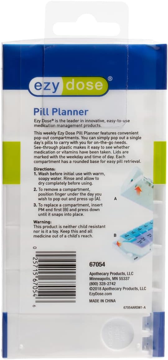 Ezy Dose Weekly (7-Day) AM/PM Pill Organizer, Vitamin and Medicine Box, Small Pop-out Compartments, 2 Times a Day, Blue and Purple Lids - 24hrsmart